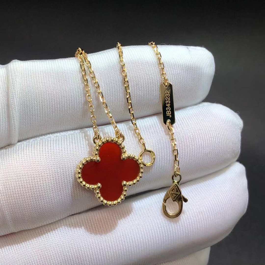 Van Cleef & Arpels Vintage Alhambra Carnelian Pendant Necklace 18k Yellow Gold VCARD38500