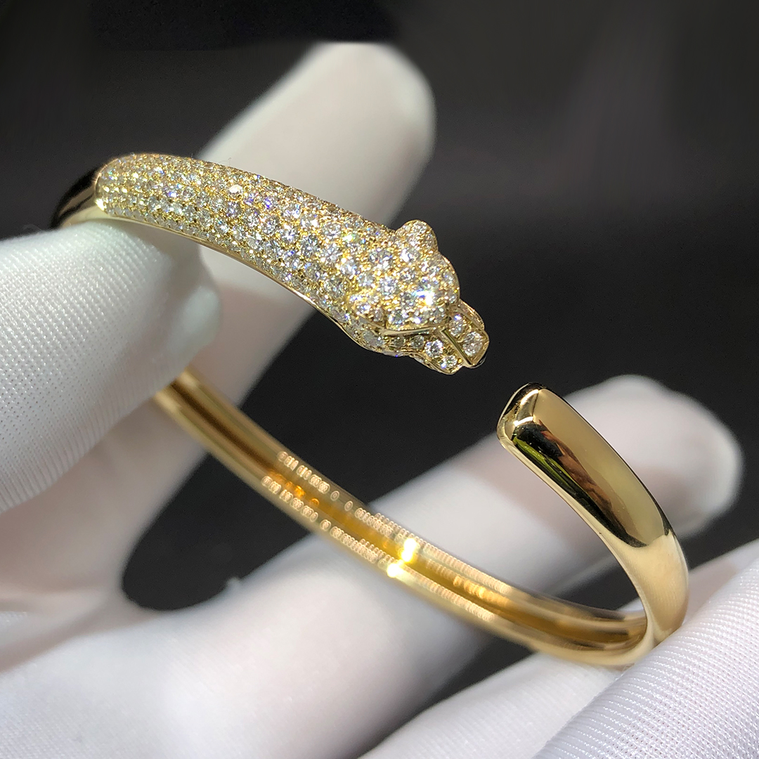 Cartier 18K Yellow Gold Diamond Emerald Onyx Small Model Panthere De Cartier Cuff Bracelet N6725817