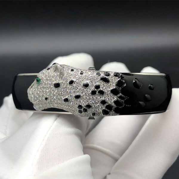 Cartier 18k White Gold Pave Diamond Black Enamel Panthere de Cartier High Jewelry Bracelet