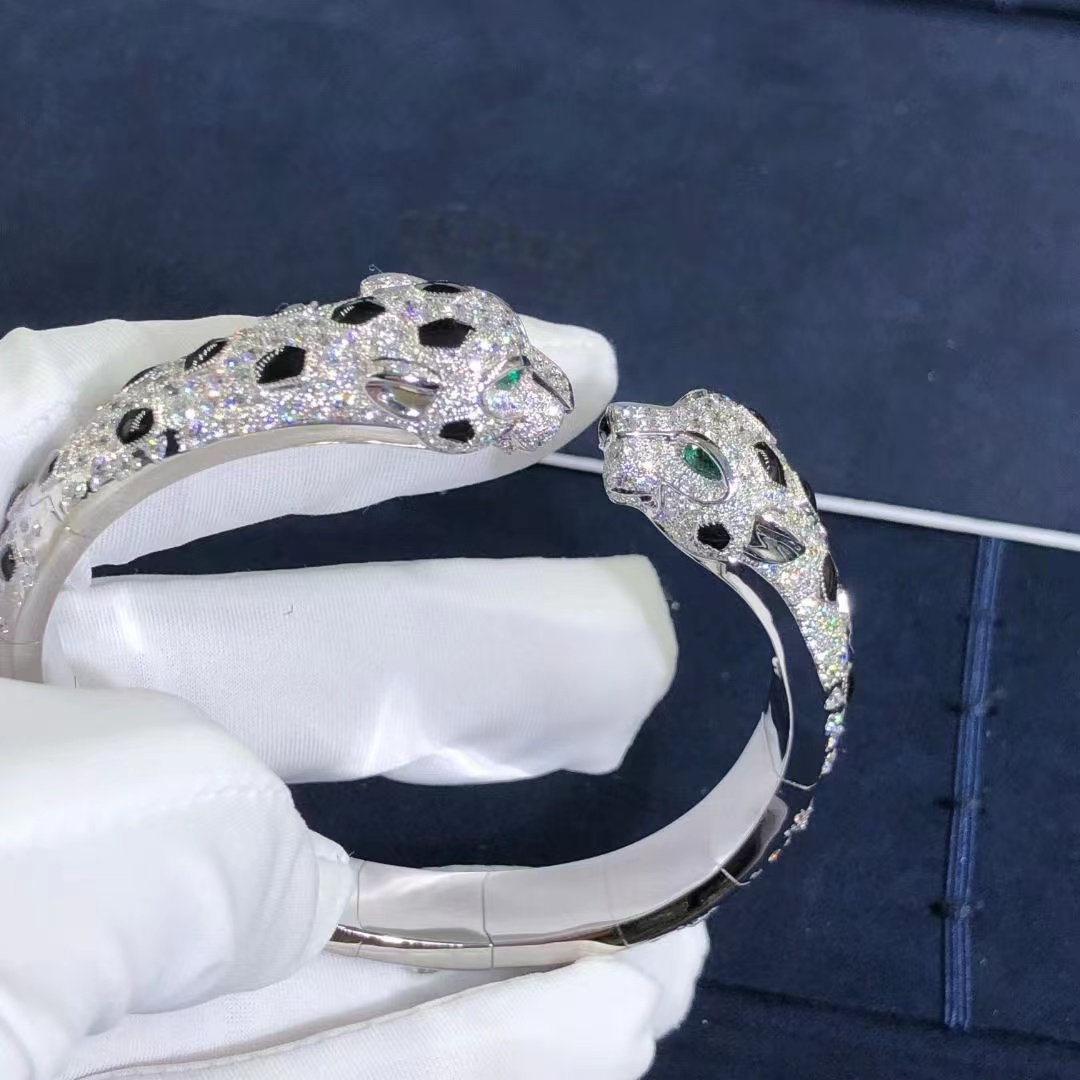 Cartier Double Panther Heads 18K White Gold Pave Diamonds Onyx Panthère de Cartier Bracelet N6721017