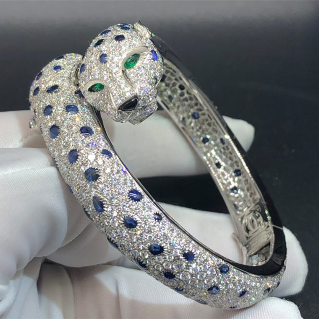 Cartier Double Panther Platinum Pave Diamonds Sapphires Panthere de Cartier Bracelet