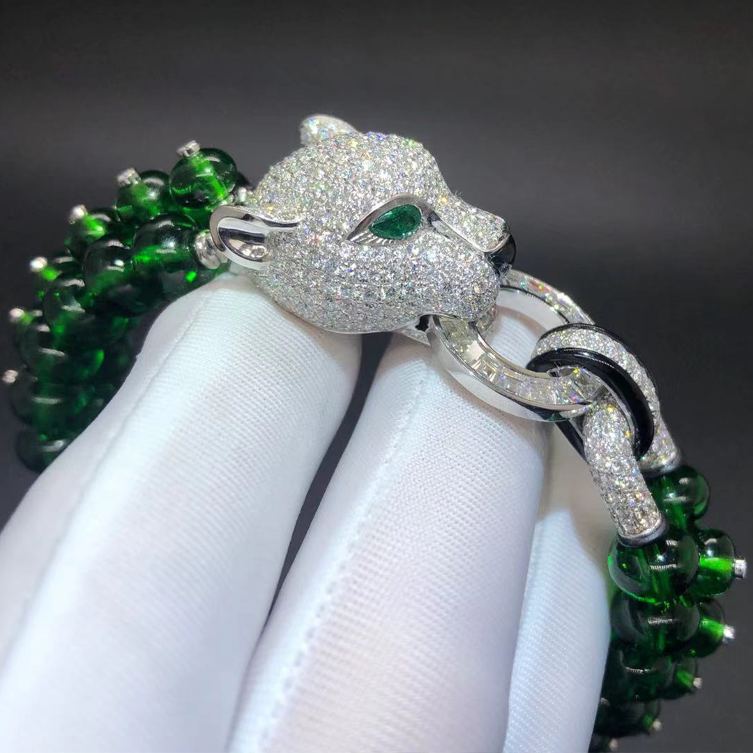 Cartier Platinum Emerald Beads Pave Diamond Panthere de Cartier High Jewelry Bracelet H6011416