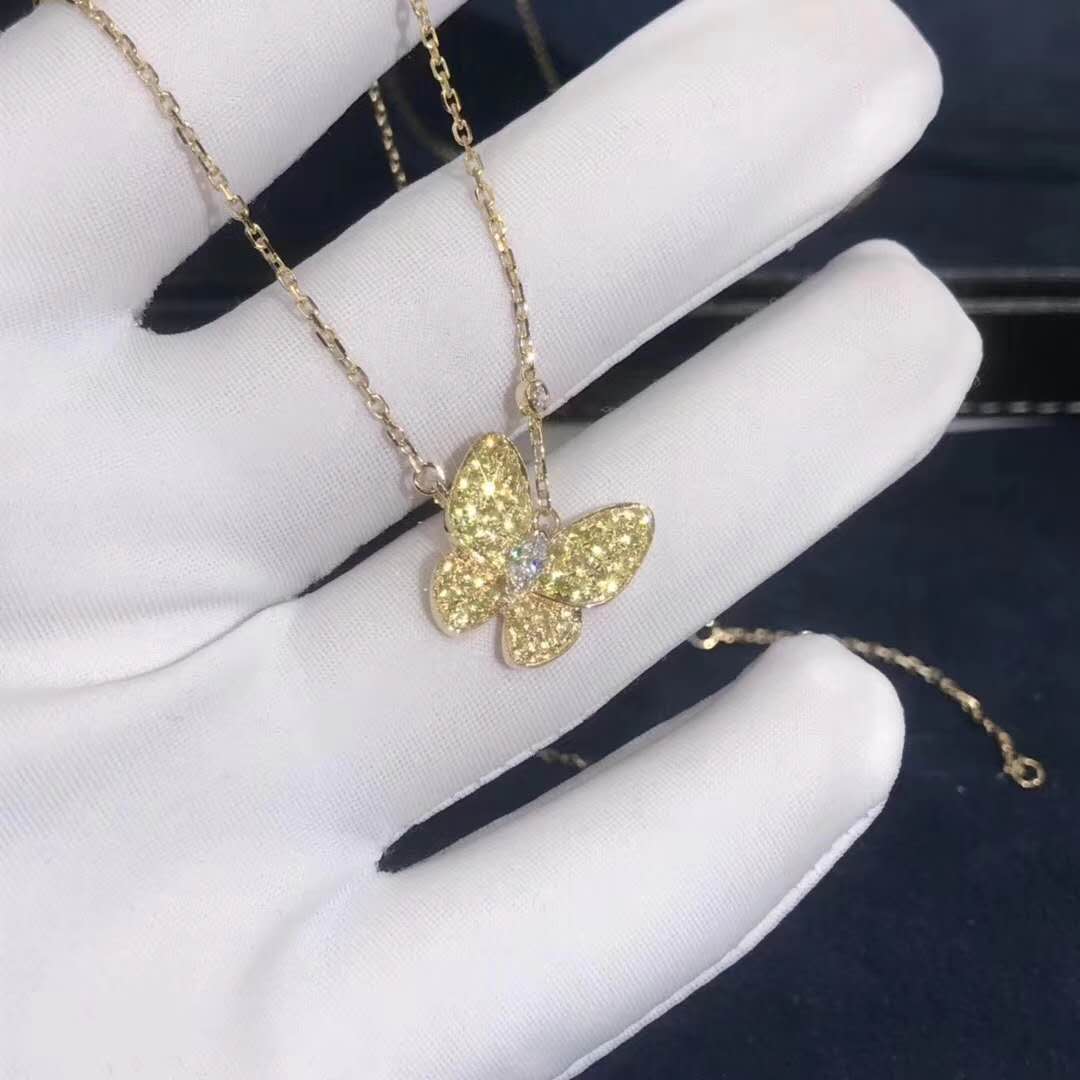 Van Cleef & Arpels 18K Yellow Gold Diamond Yellow Sapphire Two Butterfly Pendant Necklace VCARO3M300