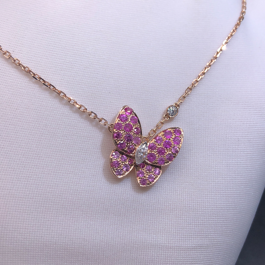 Van Cleef & Arpels 18k Rose Gold Diamond Pink Sapphire Two Butterfly Pendant Necklace VCARO3M200