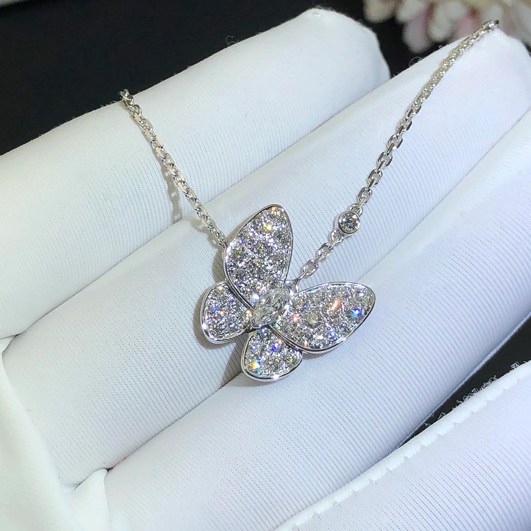 Van Cleef & Arpels 18k White Gold Pave Diamond Two Butterfly Pendant Necklace VCARO3M400