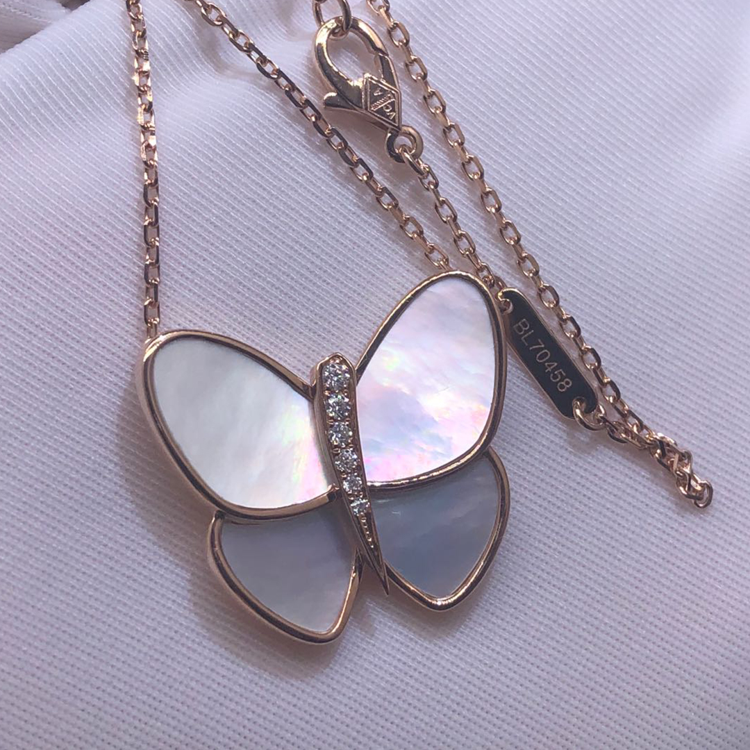 Van Cleef & Arpels Butterfly 18K Rose Gold Mother of Pearl Diamond Pendant Necklace