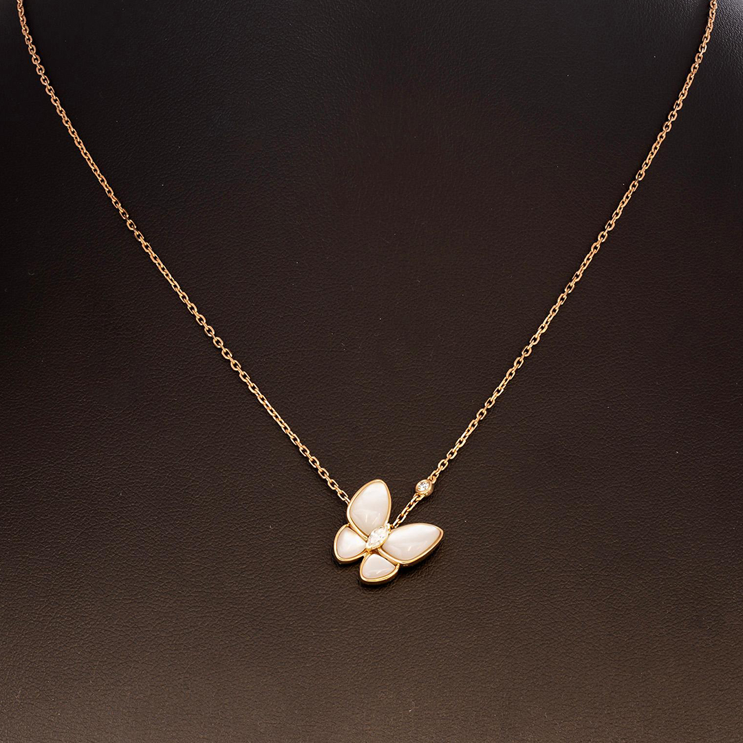 Van Cleef & Arpels Two Butterfly 18k Rose Gold Diamond Mother of Pearl Pendant Necklace VCARO8FO00