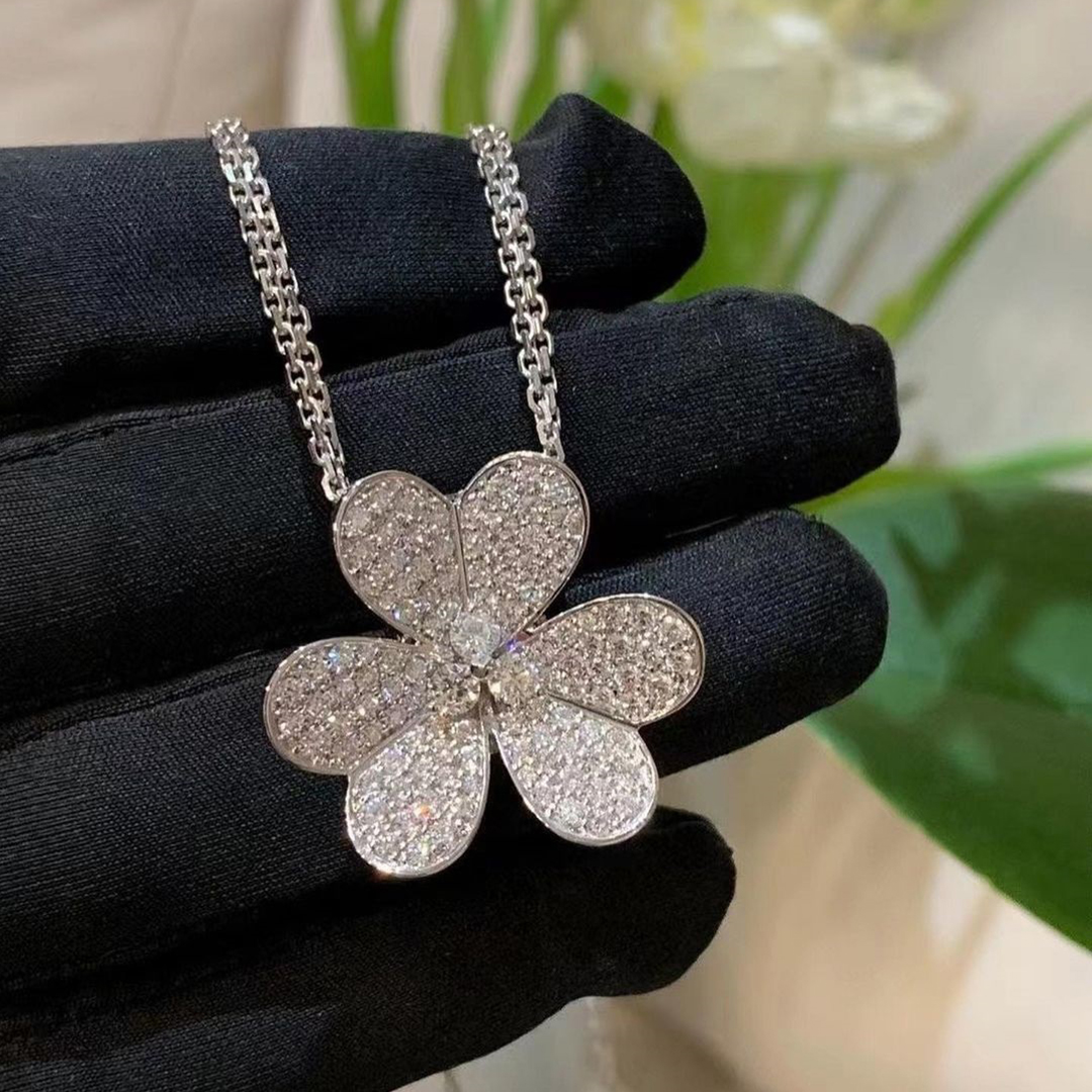 Van Cleef & Arpels Frivole 18k White Gold Pave Diamonds Very Large Model Clip Pendant Necklace VCARPJMX00