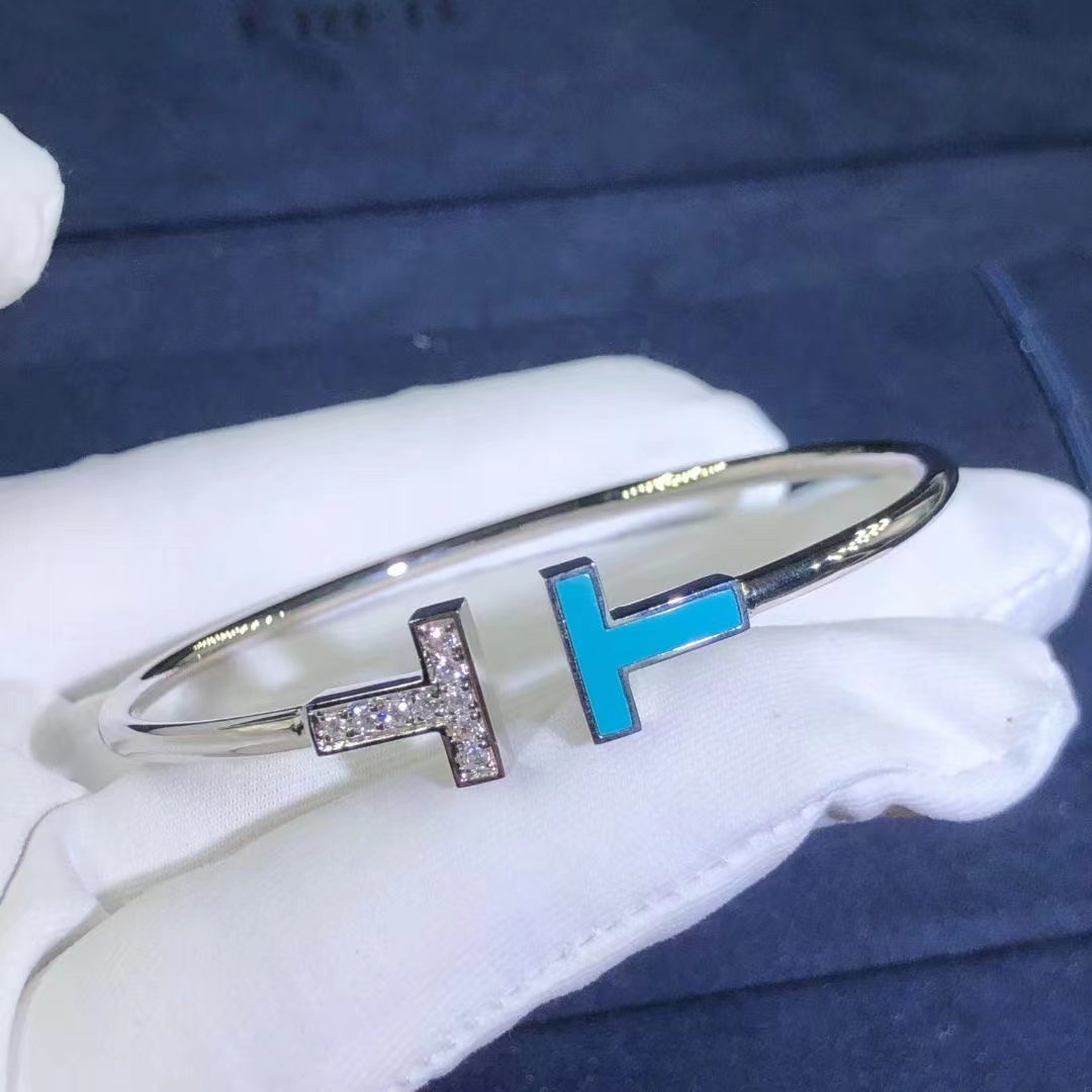 Tiffany 18k White Gold Diamond and Turquoise T Wire Bracelet 64029029