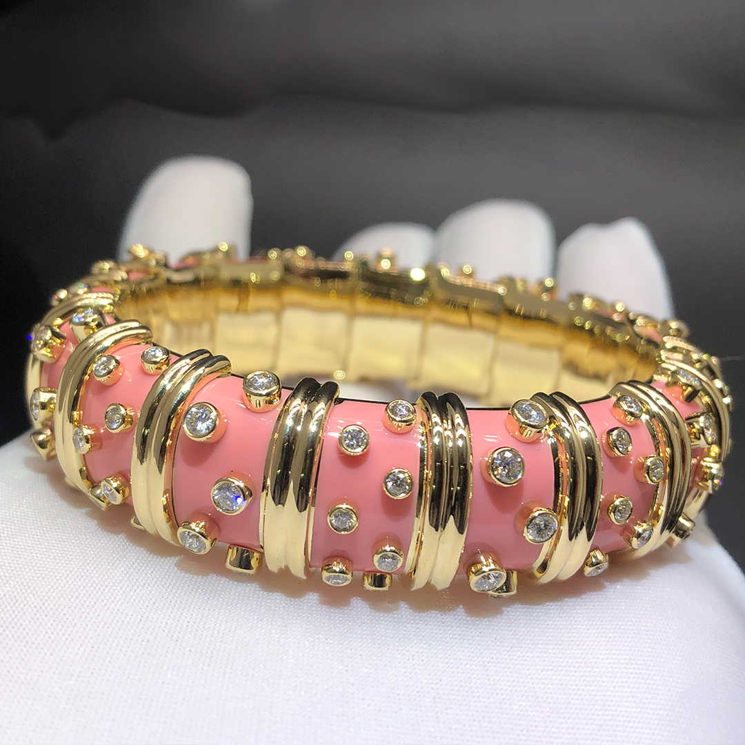 Tiffany & Co. Schlumberger Pink Enamel Diamonds 18k Yellow Gold Wide Bracelet