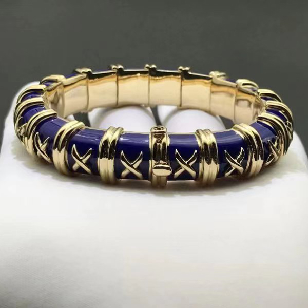Tiffany Jean Schlumberger 18k Yellow Gold Blue Enamel X Motif Croisillon Bracelet