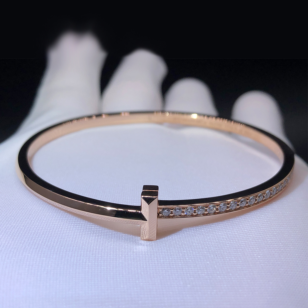 Tiffany T 18k Rose Gold T1 Narrow Diamond Hinged Bangle Bracelet 68315778