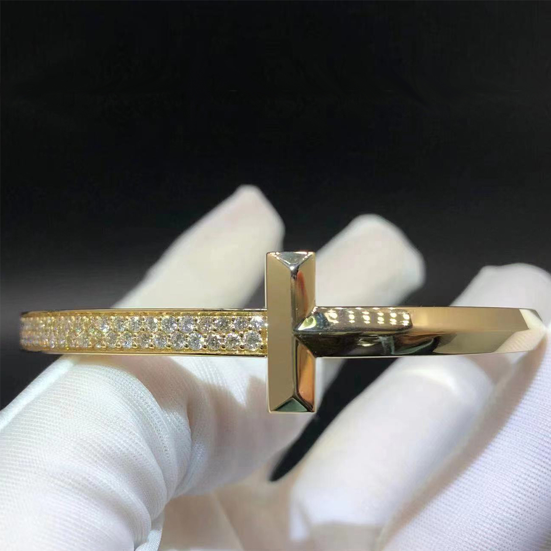Tiffany T 18k Yellow Gold Pave Diamonds T1 Wide Hinged Bangle Bracelet 67792777