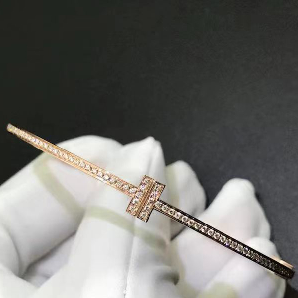 Tiffany T Hinged Wire 18K Rose Gold Diamond Bangle Bracelet 62273046