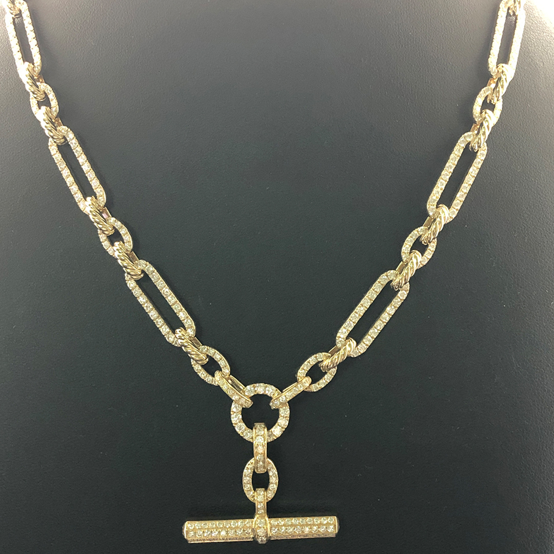David Yurman Lexington Chain Toggle Pendant 18k Yellow Gold Pave Diamond Necklace